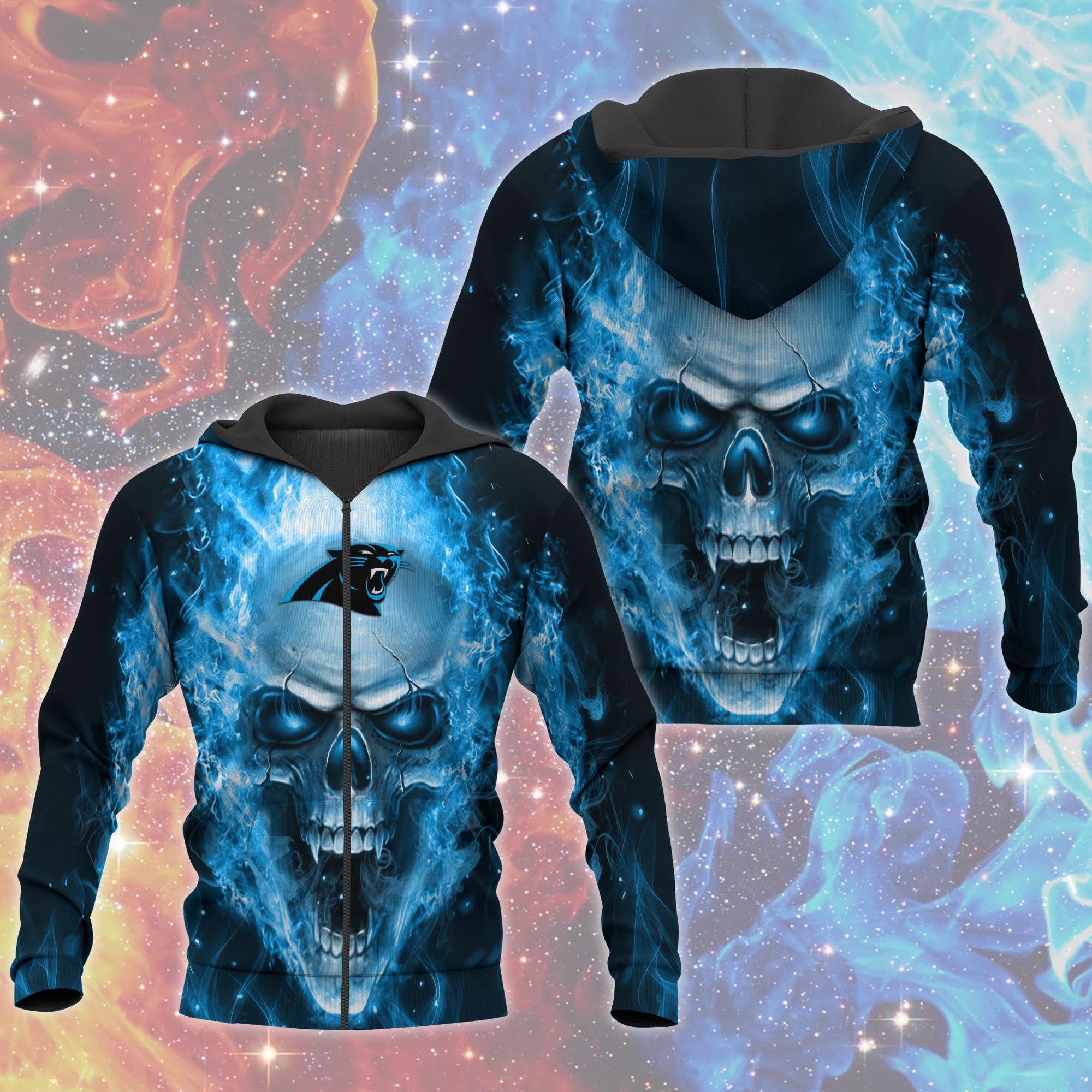 Carolina Panthers Skull Hoodies 3D With Zipper Pullover