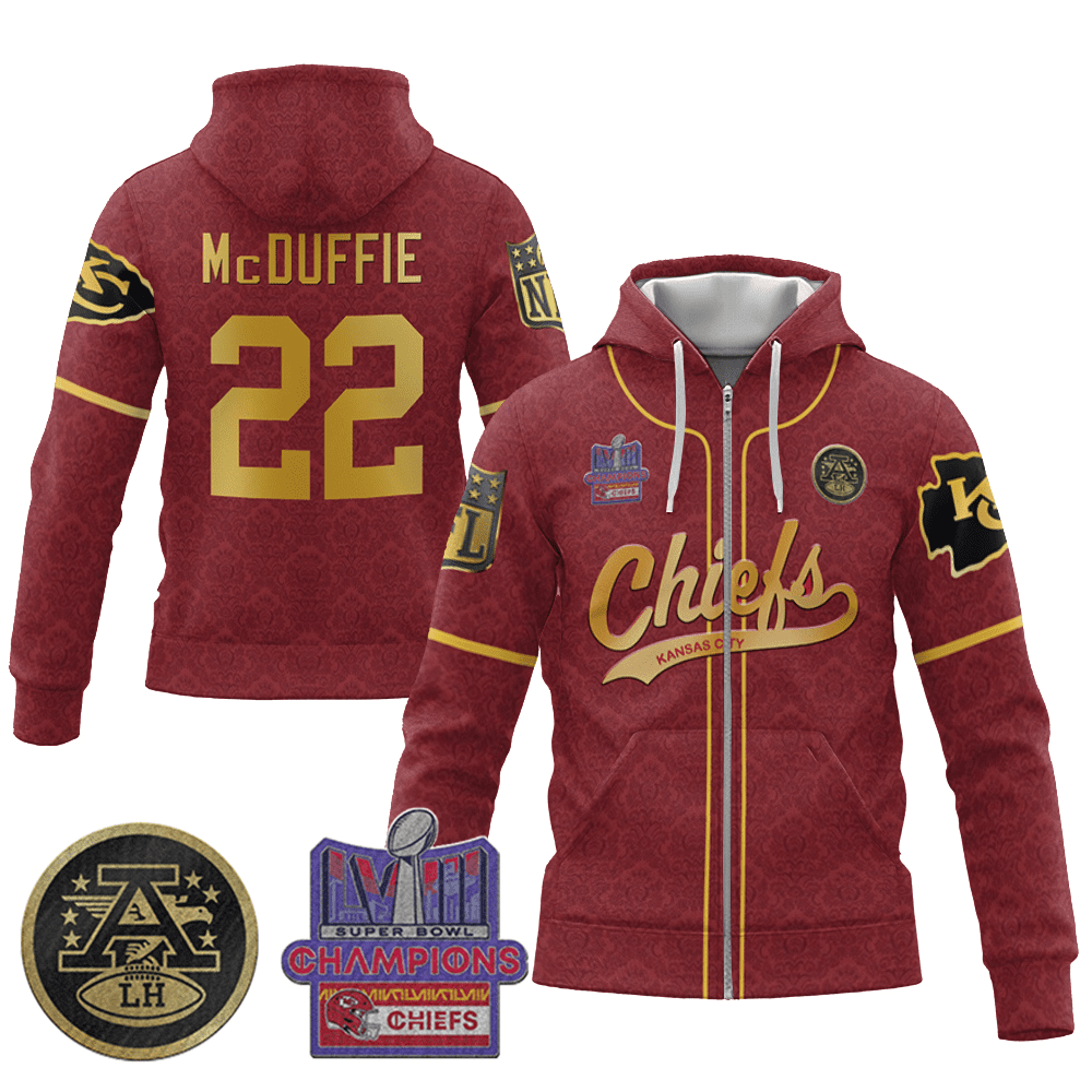 Trent Mcduffie 22 Kansas City Chiefs Super Bowl Lviii Champion Red Gold Zip Hoodie
