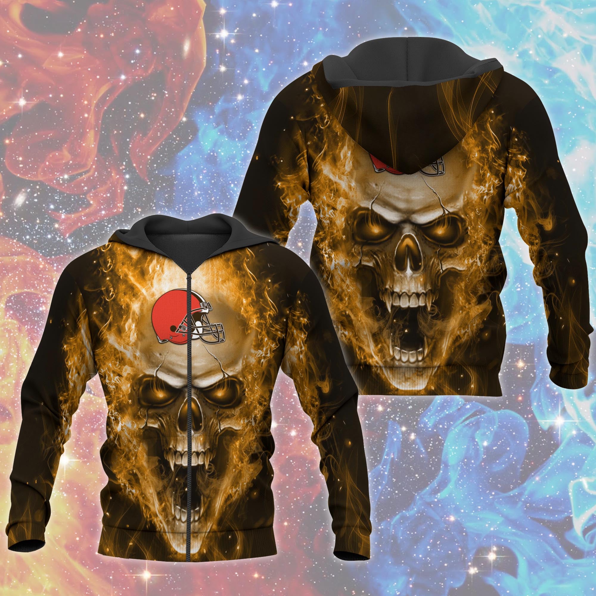 Cleveland Browns Skull Hoodies 3D With Zipper Pullover