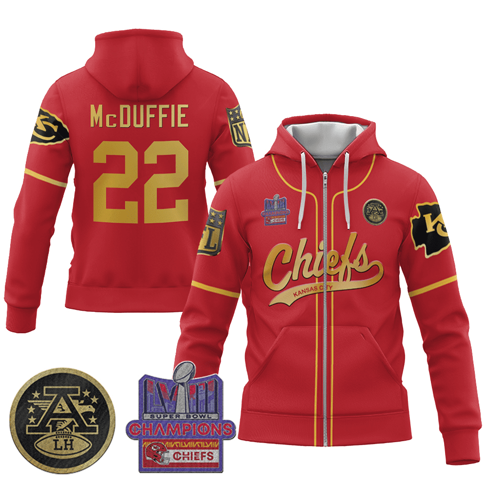 Trent Mcduffie 22 Chiefs Super Bowl Lviii Champion Classic Red Gold Zip Hoodie