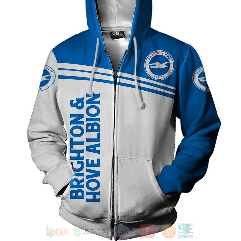 Brighton & Hove Albion Fc White Blue Zip Up Hoodie For Fans