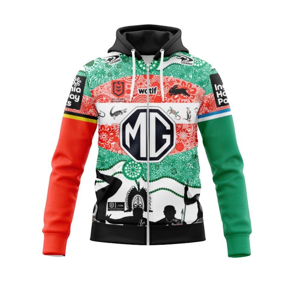 Nrl South Sydney Rabbitohs Custom Name Number Indigenous Jersey Zip Up Hoodie
