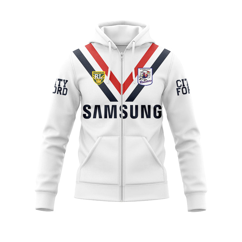 Nrl Sydney Roosters Custom Name Number 1996 Retro Away Jersey Zip Up Hoodie