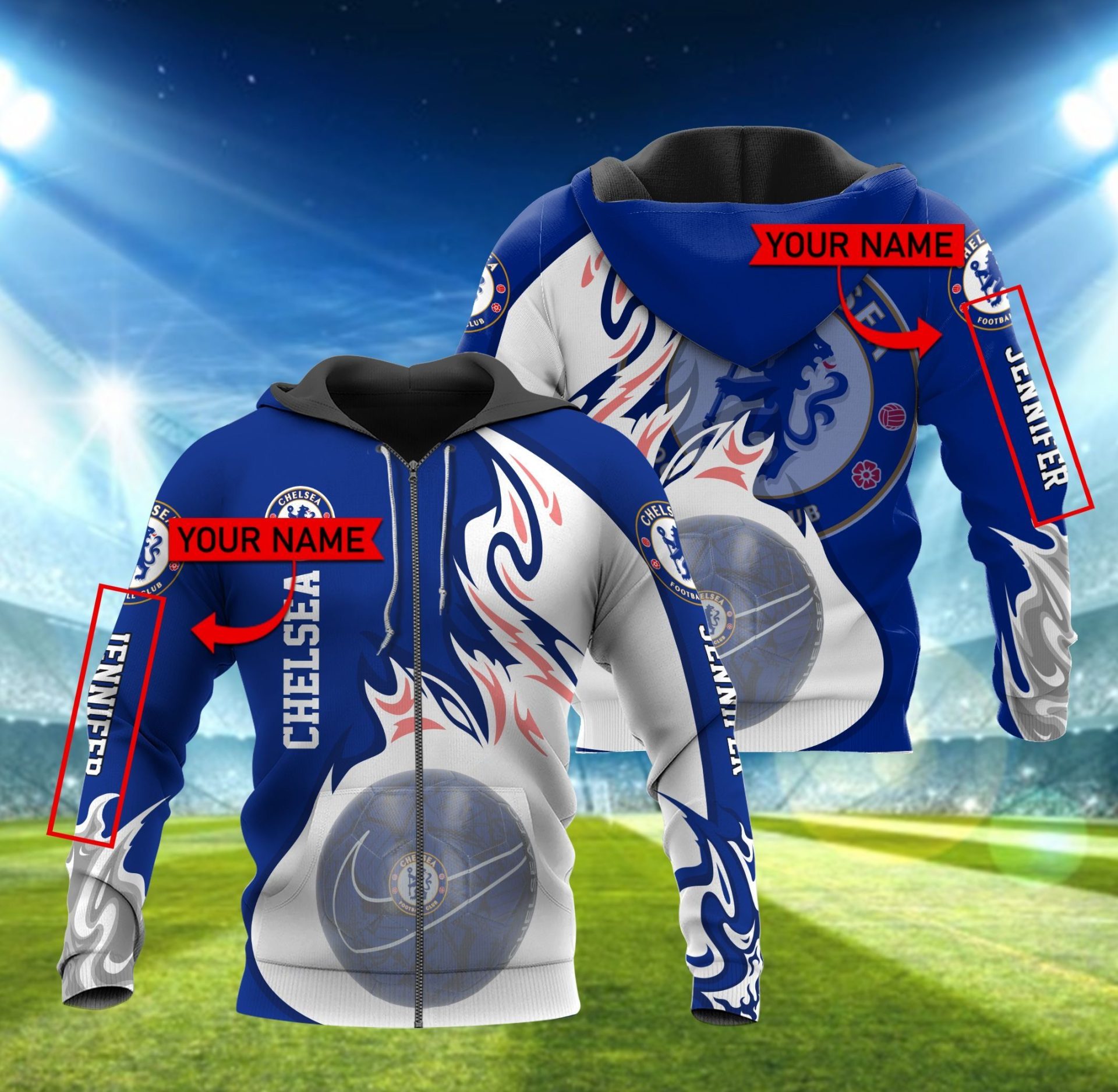 Chelsea Fc Custom Name Blue White Flame Ball Zip Up Hoodie