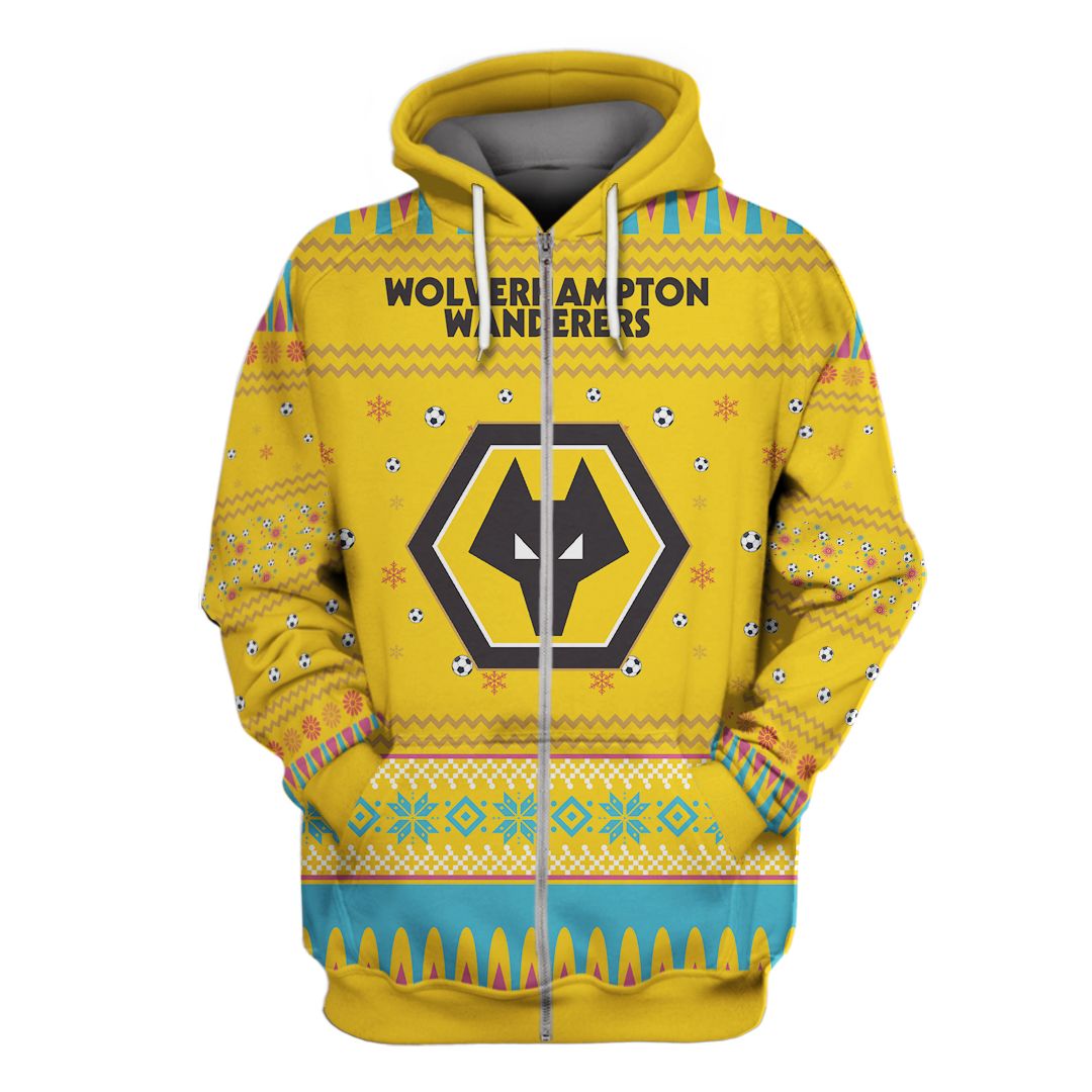 Wolverhampton Wanderers Fc Custom Name Number Ugly Christmas Zip Up Hoodie