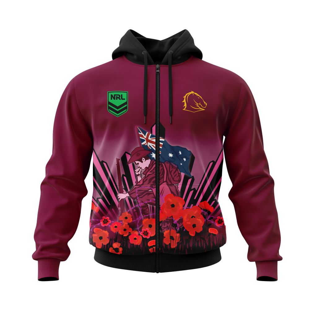 Nrl Brisbane Broncos Custom Name Number 2022 Anzac Jersey Concepts Zip Up Hoodie