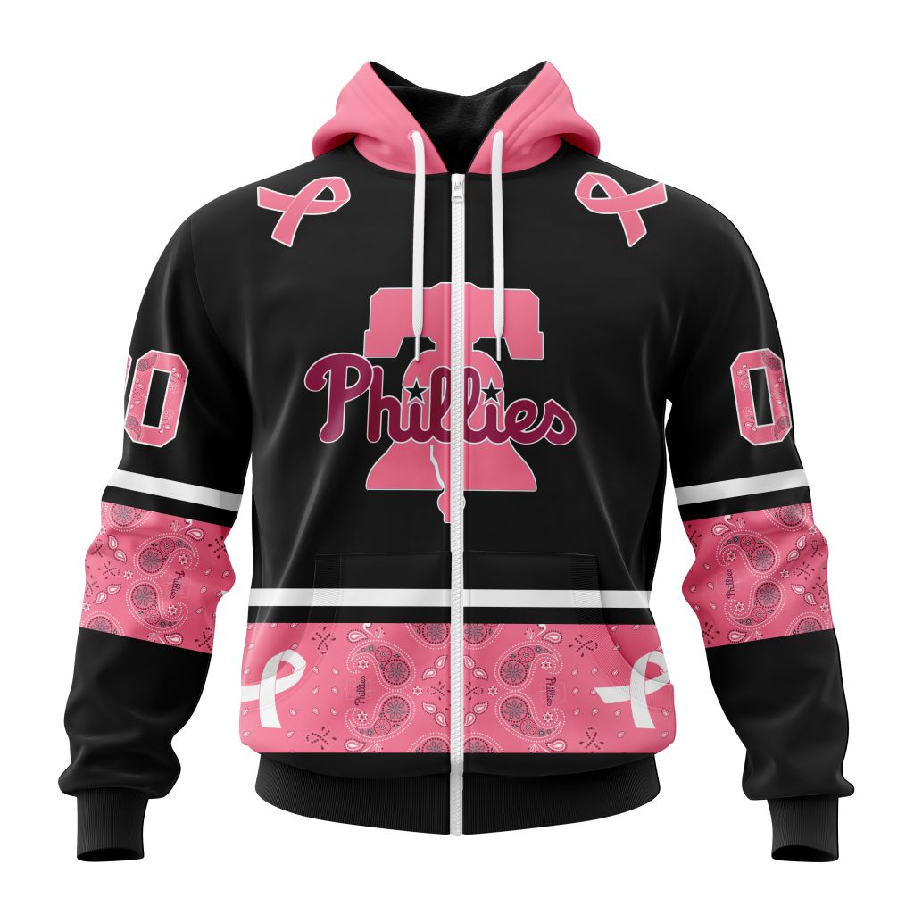 Philadelphia Phillies Specialized Design In Classic Style With Paisley In October We Wear Pink Breast Cancer Zip Hoodie