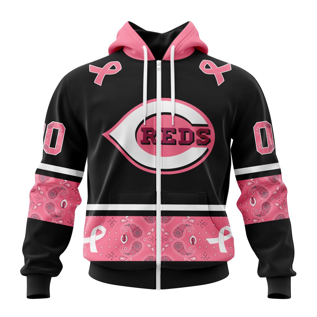 Cincinnati Reds Specialized Design In Classic Style With Paisley In October We Wear Pink Breast Cancer Zip Hoodie
