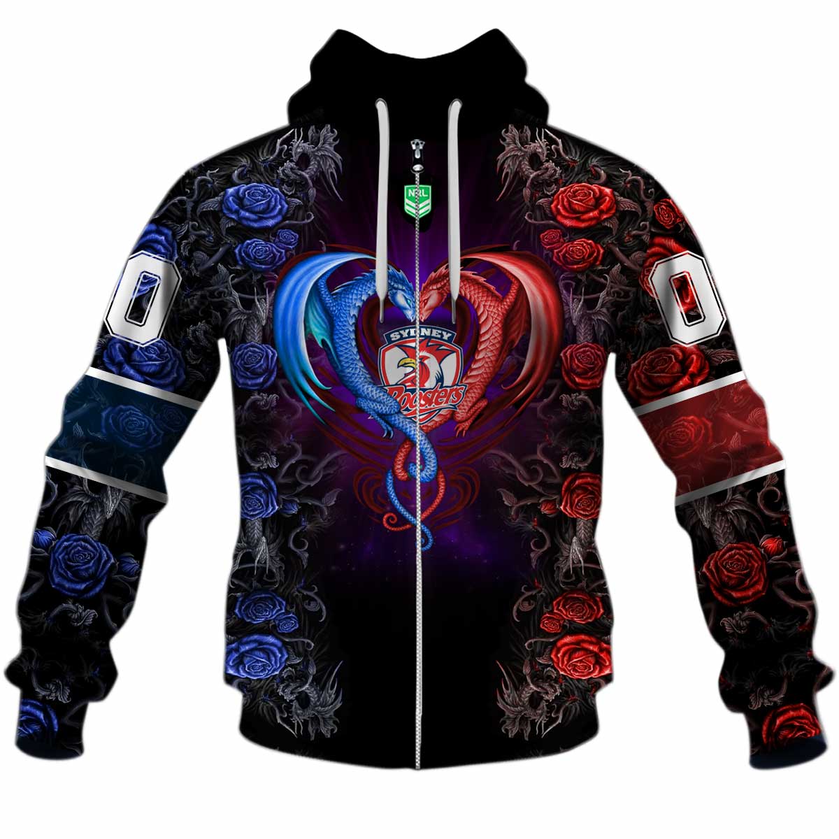 Nrl Sydney Roosters Custom Name Number Rose Dragon Zip Up Hoodie