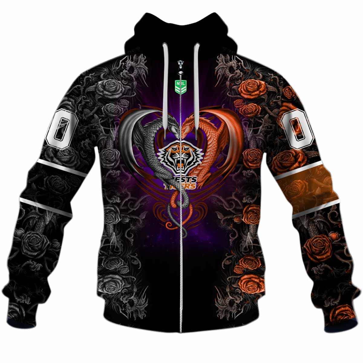 Nrl Wests Tigers Custom Name Number Rose Dragon Zip Up Hoodie