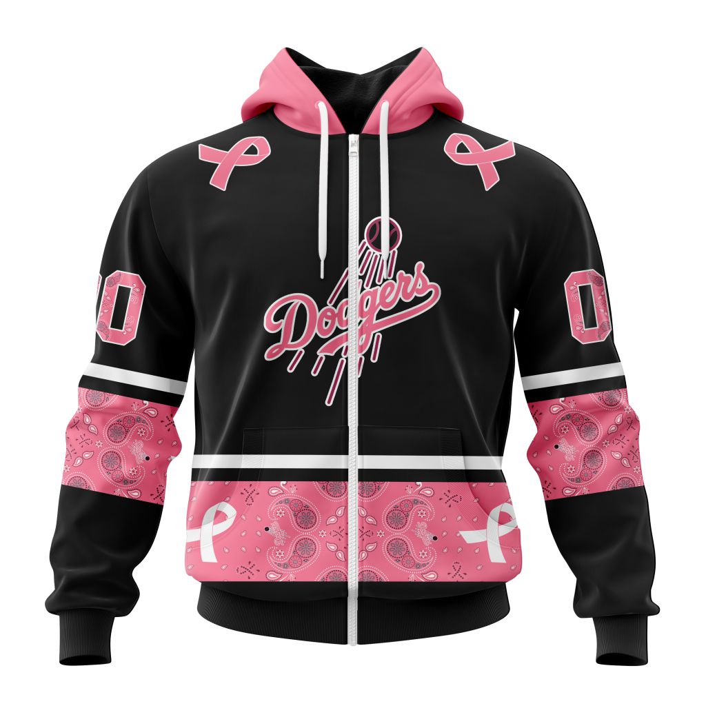 Los Angeles Dodgers Specialized Design In Classic Style With Paisley In October We Wear Pink Breast Cancer Zip Hoodie