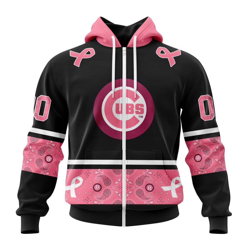 Chicago Cubs Specialized Design In Classic Style With Paisley In October We Wear Pink Breast Cancer Zip Hoodie