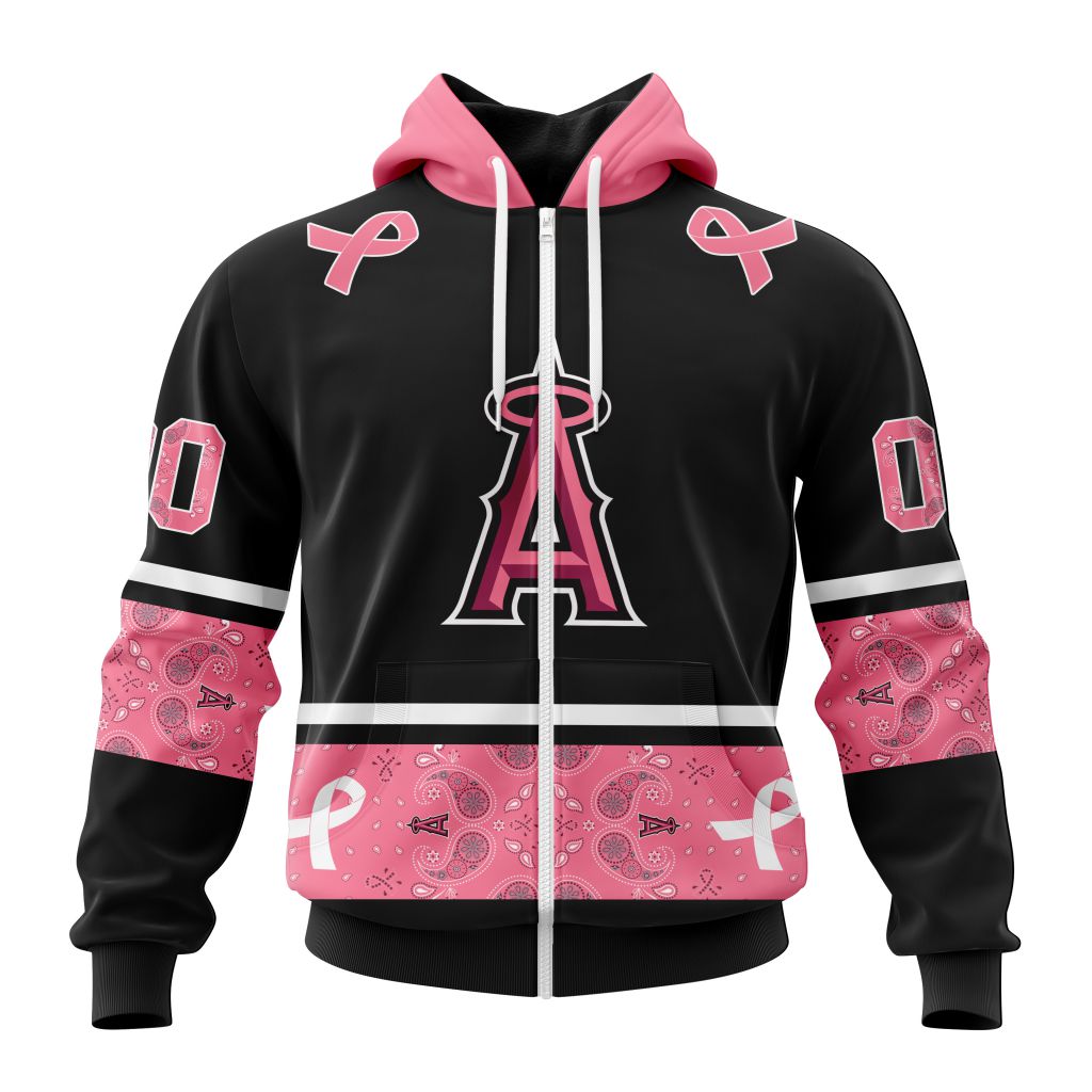 Los Angeles Angels Specialized Design In Classic Style With Paisley In October We Wear Pink Breast Cancer Zip Hoodie