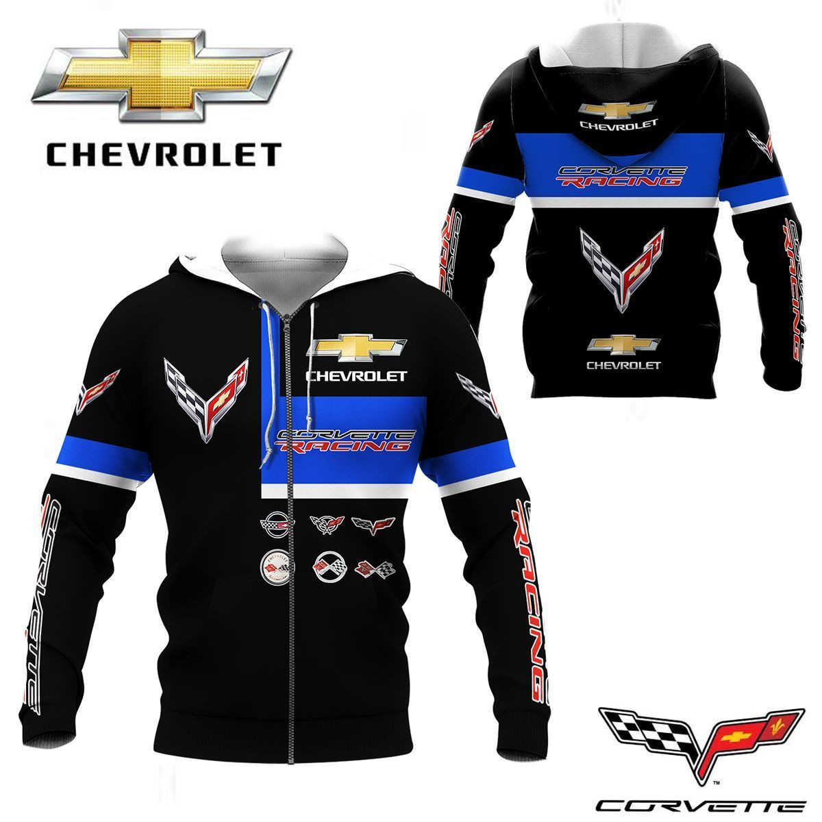 Chevrolet Corvette Racing Black Blue Zip Up Hoodie