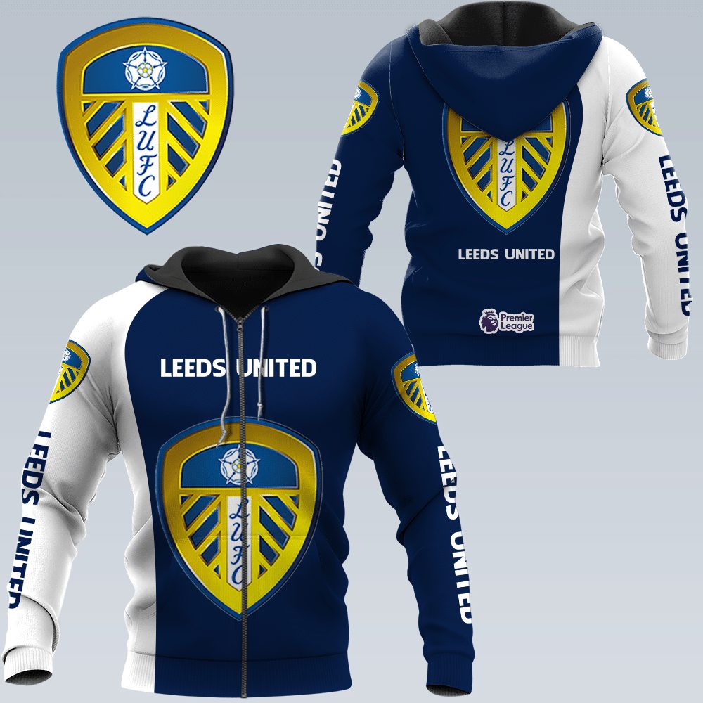 Leeds United Dark Blue White Zip Up Hoodie