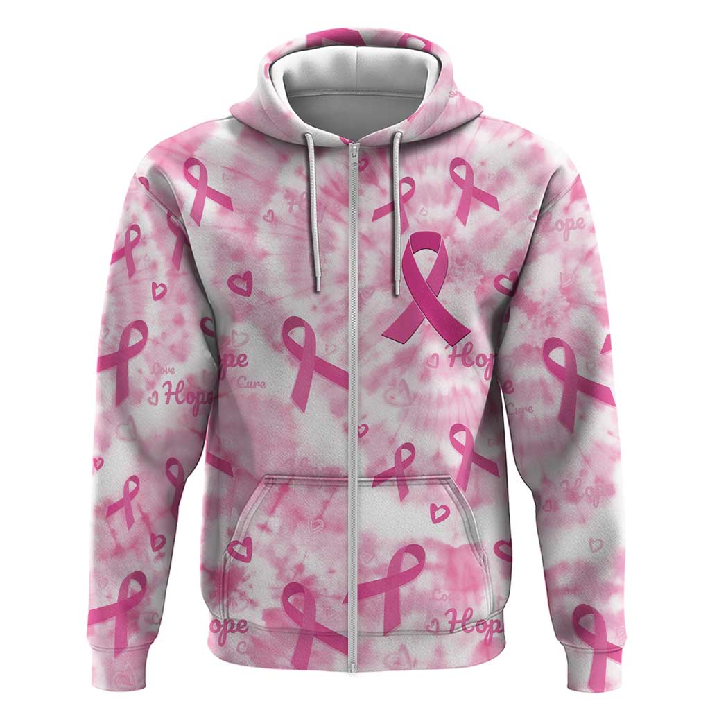 Breast Cancer Awareness Pink Ribbon Zip Hoodie Tie Dye Style