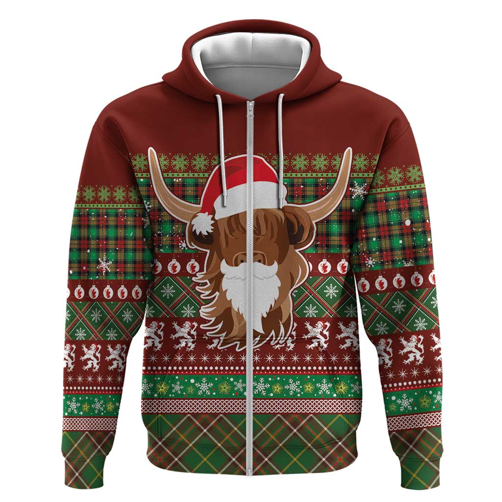 Scottish Christmas Zip Hoodie Highland Cattle-Xmas Tartan Stripes Style Red Color