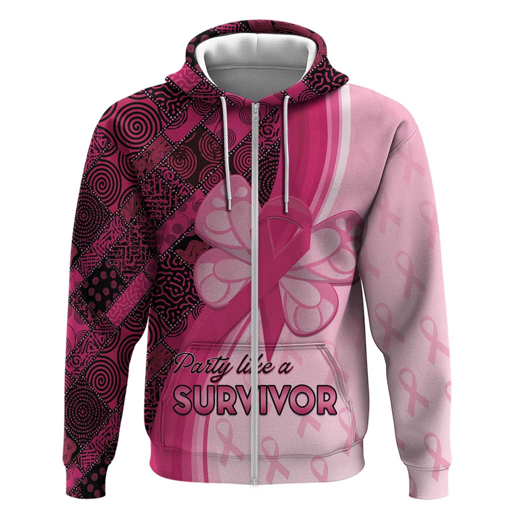 Breast Cancer Awareness Zip Hoodie Party Like A Survivor - Pink African Pattern