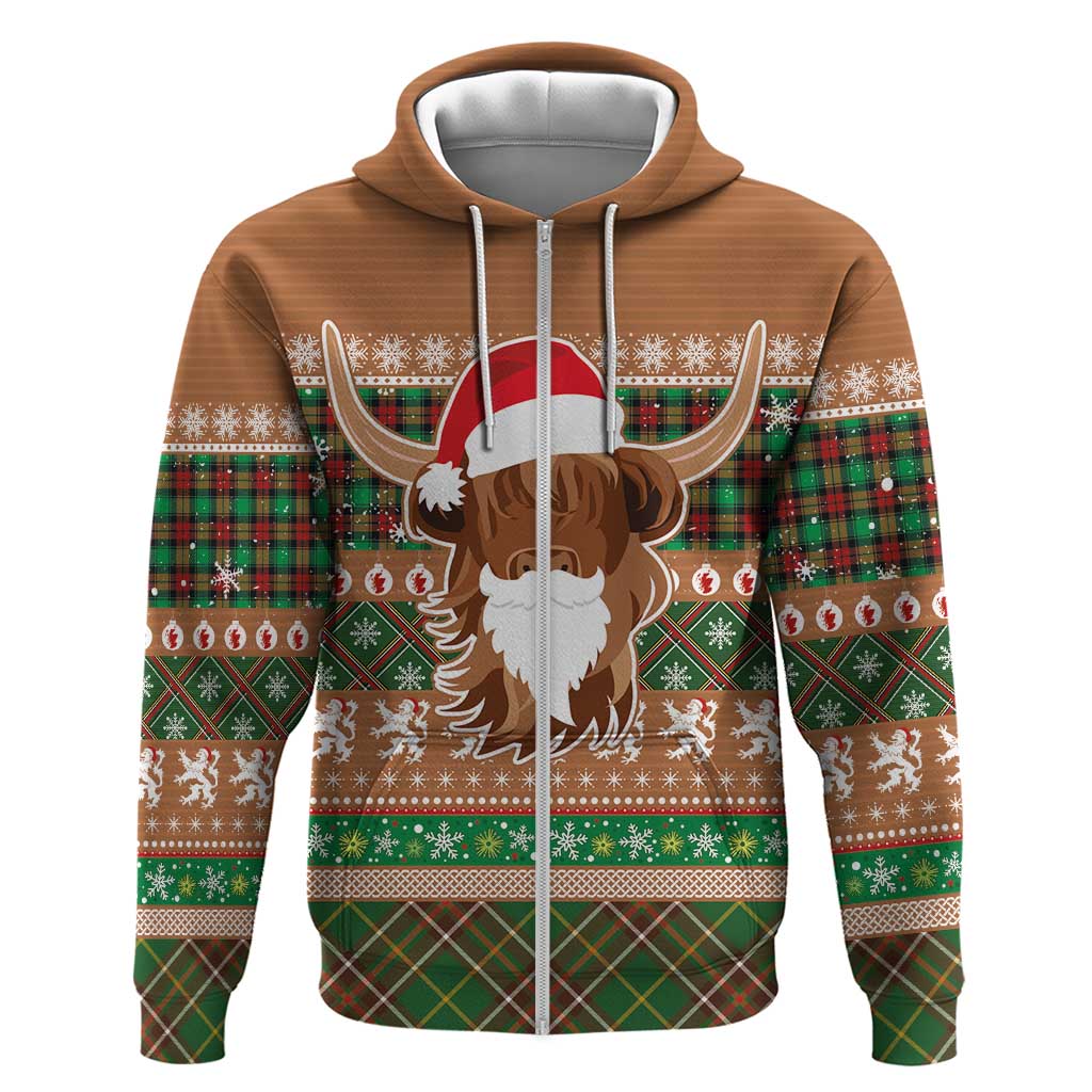Scottish Christmas Zip Hoodie Highland Cattle-Xmas Tartan Stripes Style Brown Color