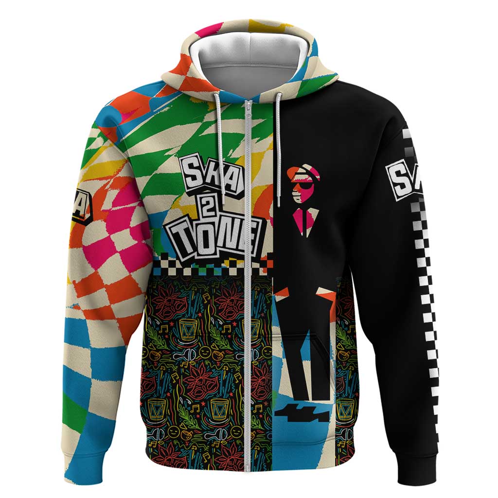 Ska Two Tone Zip Hoodie With Colorful Checkerboard Music Art Carnival Festival
