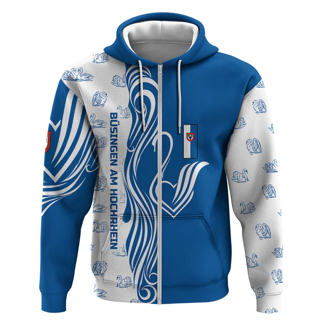 Busingen Am Hochrhein Germany Zip Hoodie With Swan Pattern And Blue White Heart Design