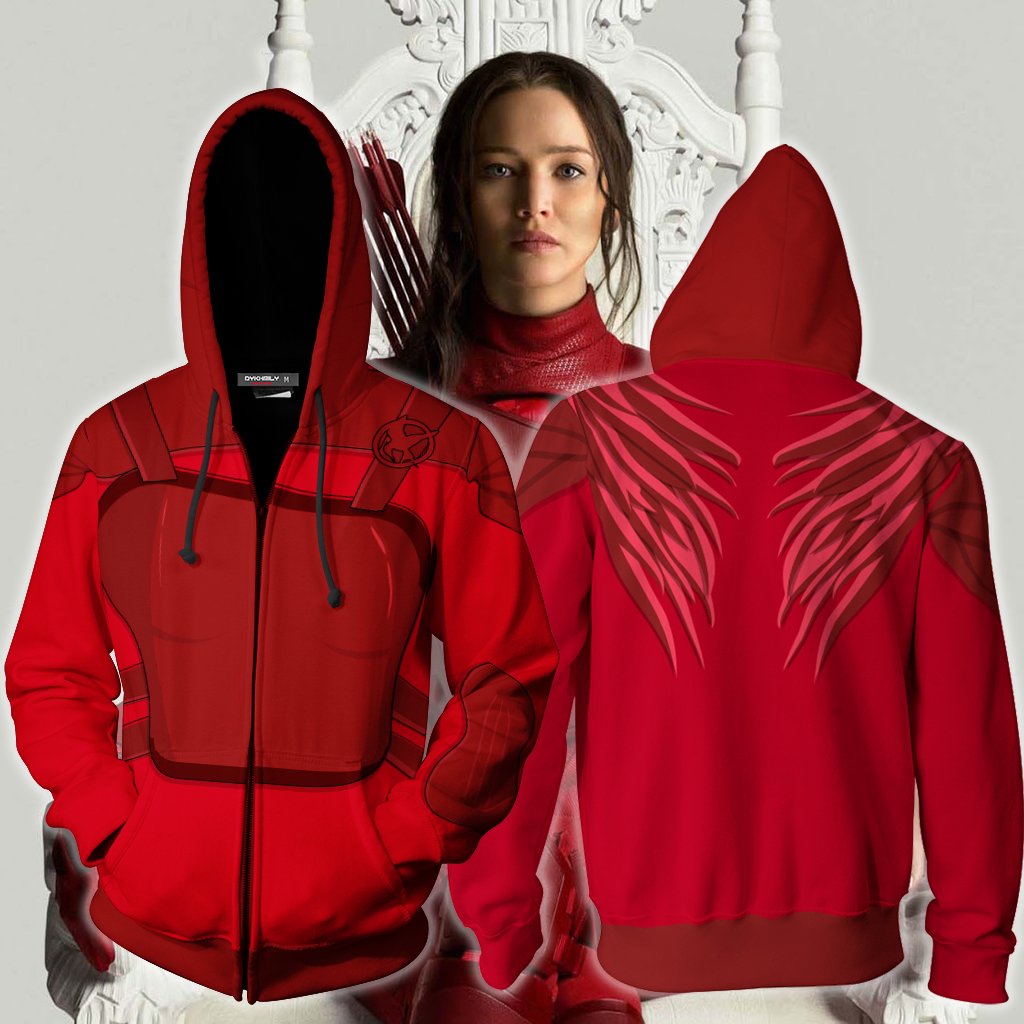 The Hunger Games Mockingjay Katniss Everdeen Red Cosplay Zip Up Hoodie Jacket