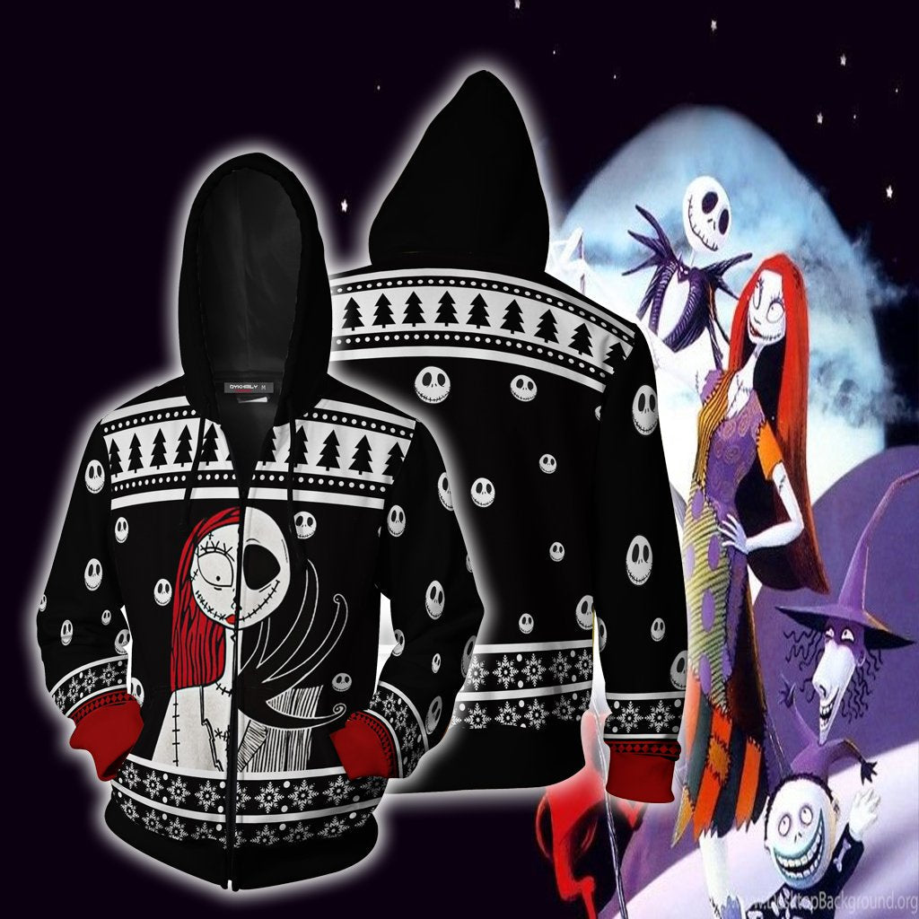 The Nightmare Before Christmas Jack & Sally Ugly Christmas Zip Up Hoodie