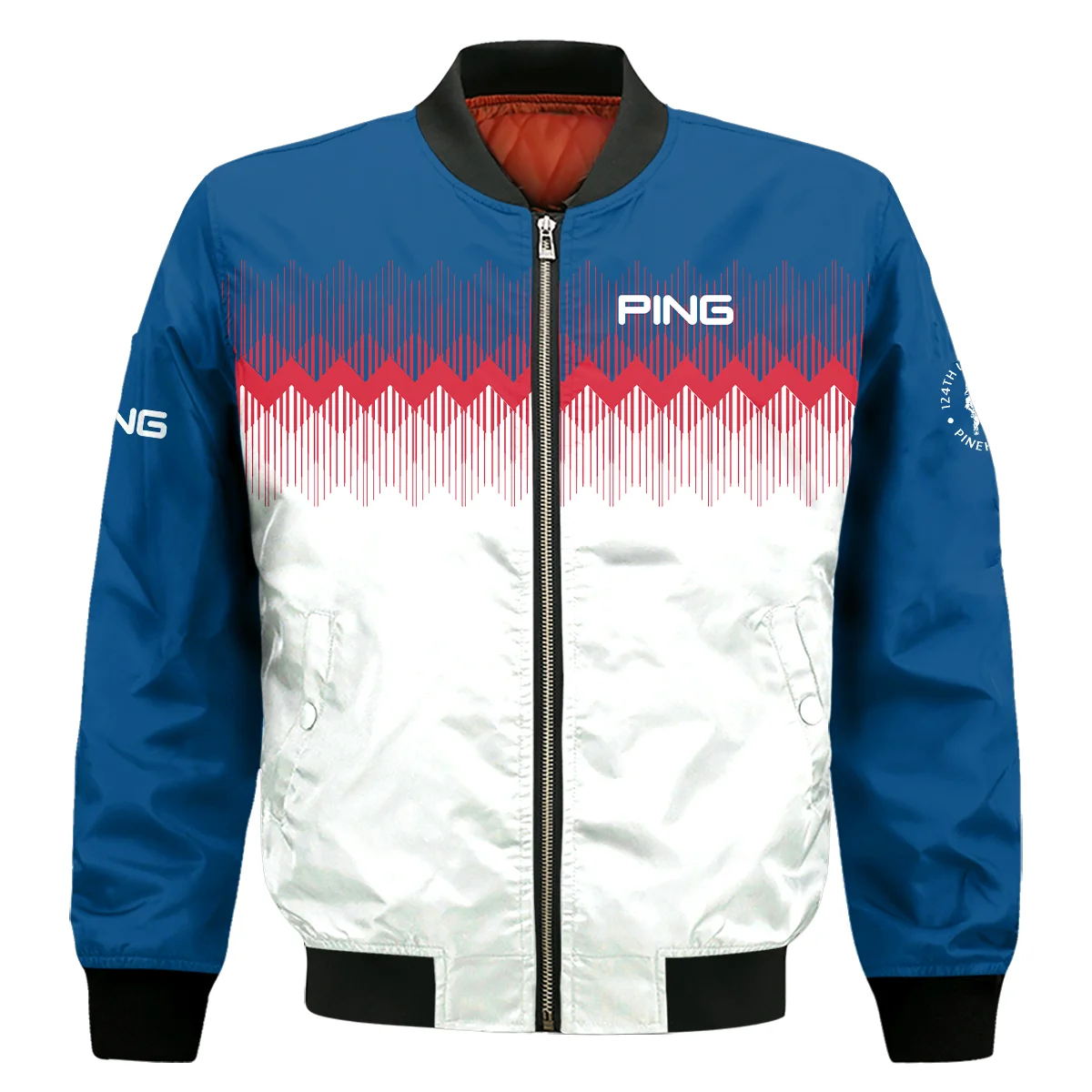 Ping 124Th U.S. Open Pinehurst Bomber Jacket Blue Red Fabric Pattern Golf Bomber Jacket For Men Women
