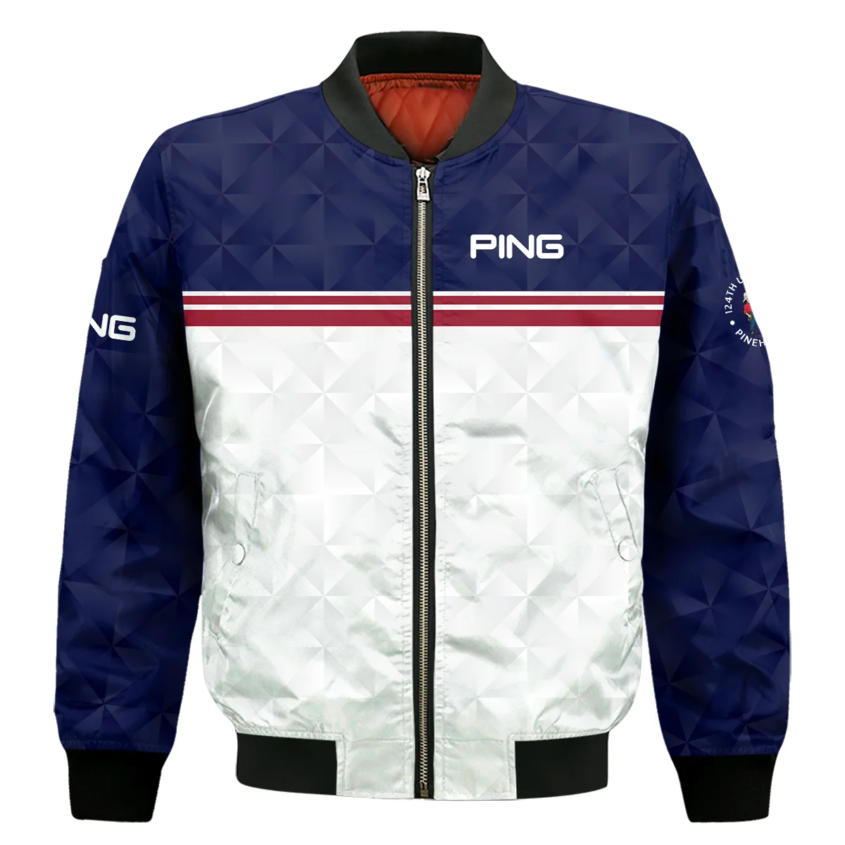 Golf Sport 124Th U.S. Open Pinehurst Ping Bomber Jacket Dark Blue White Abstract Geometric Triangles Bomber Jacket For Men Women
