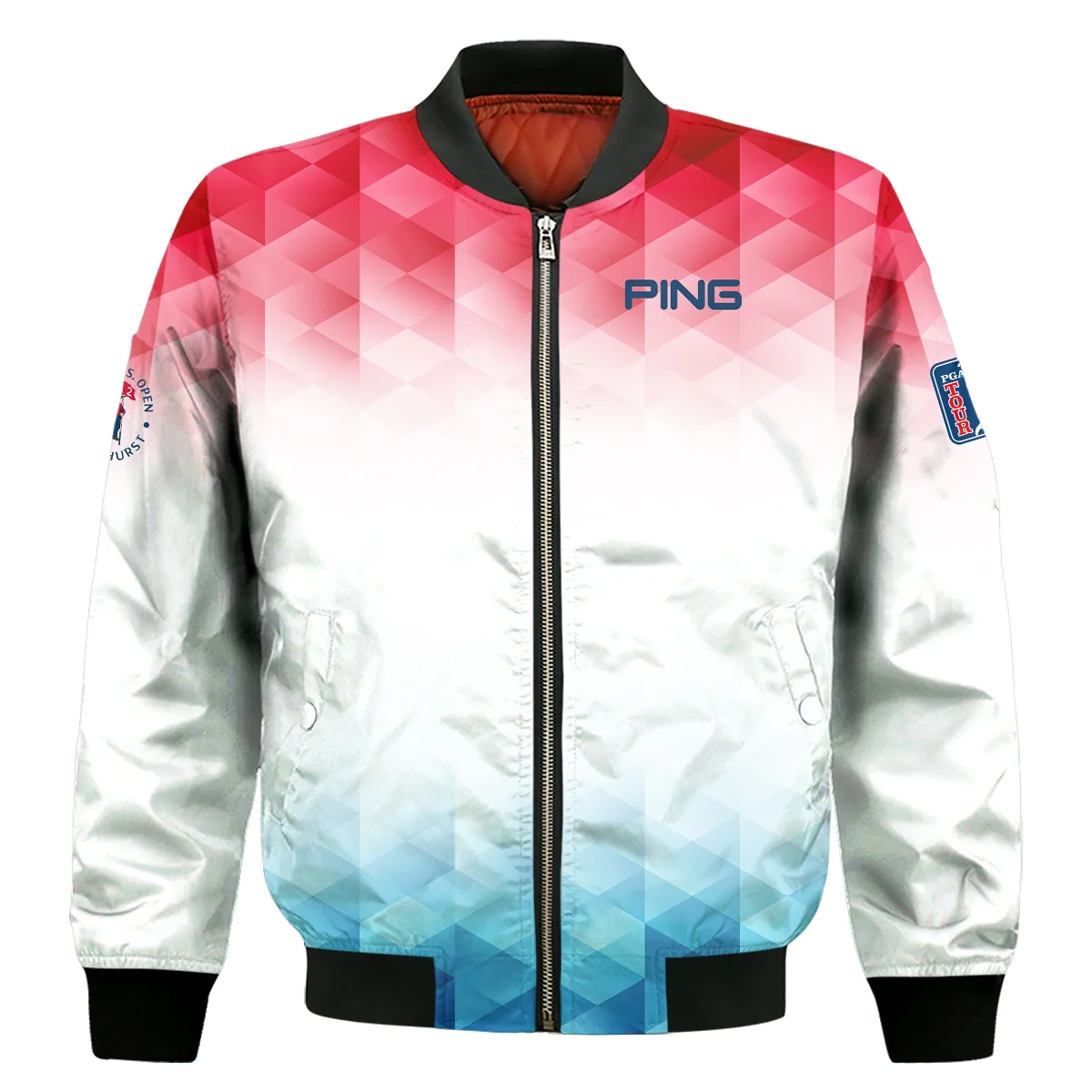 124Th U.S. Open Pinehurst Ping Golf Sport Bomber Jacket Blue Red Abstract Geometric Triangles Bomber Jacket For Men Women