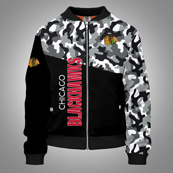 Chicago Blackhawks Camouflage Black Bomber Jacket For Women Men