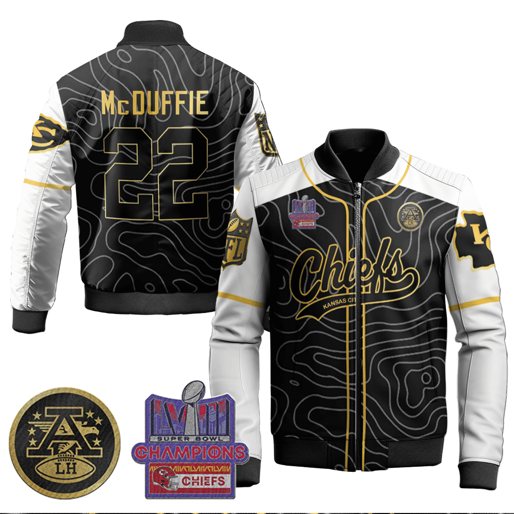 Trent Mcduffie 22 Kansas City Chiefs Super Bowl Lviii Champion Black Gold Bomber Jacket