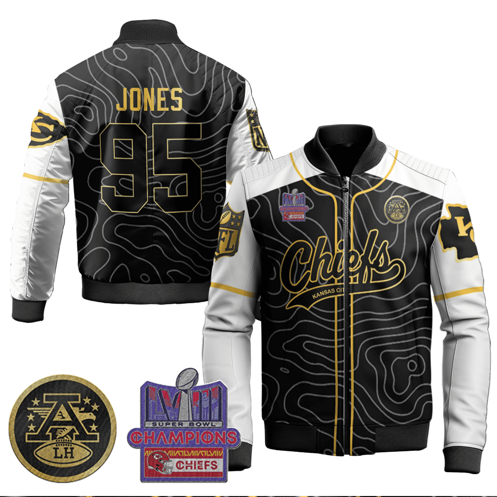 Chris Jones 95 Kansas City Chiefs Super Bowl Lviii Champion Black Gold Bomber Jacket