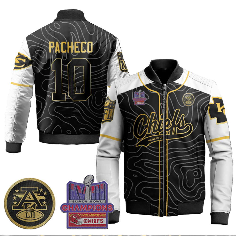 Isiah Pacheco 10 Kansas City Chiefs Super Bowl Lviii Champion Black Gold Bomber Jacket