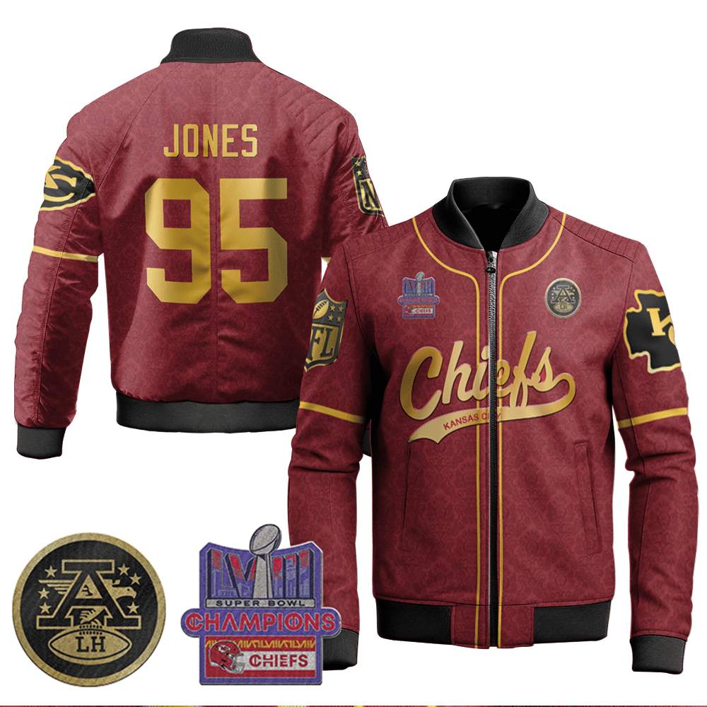 Chris Jones 95 Kansas City Chiefs Super Bowl Lviii Champion Red Gold Bomber Jacket