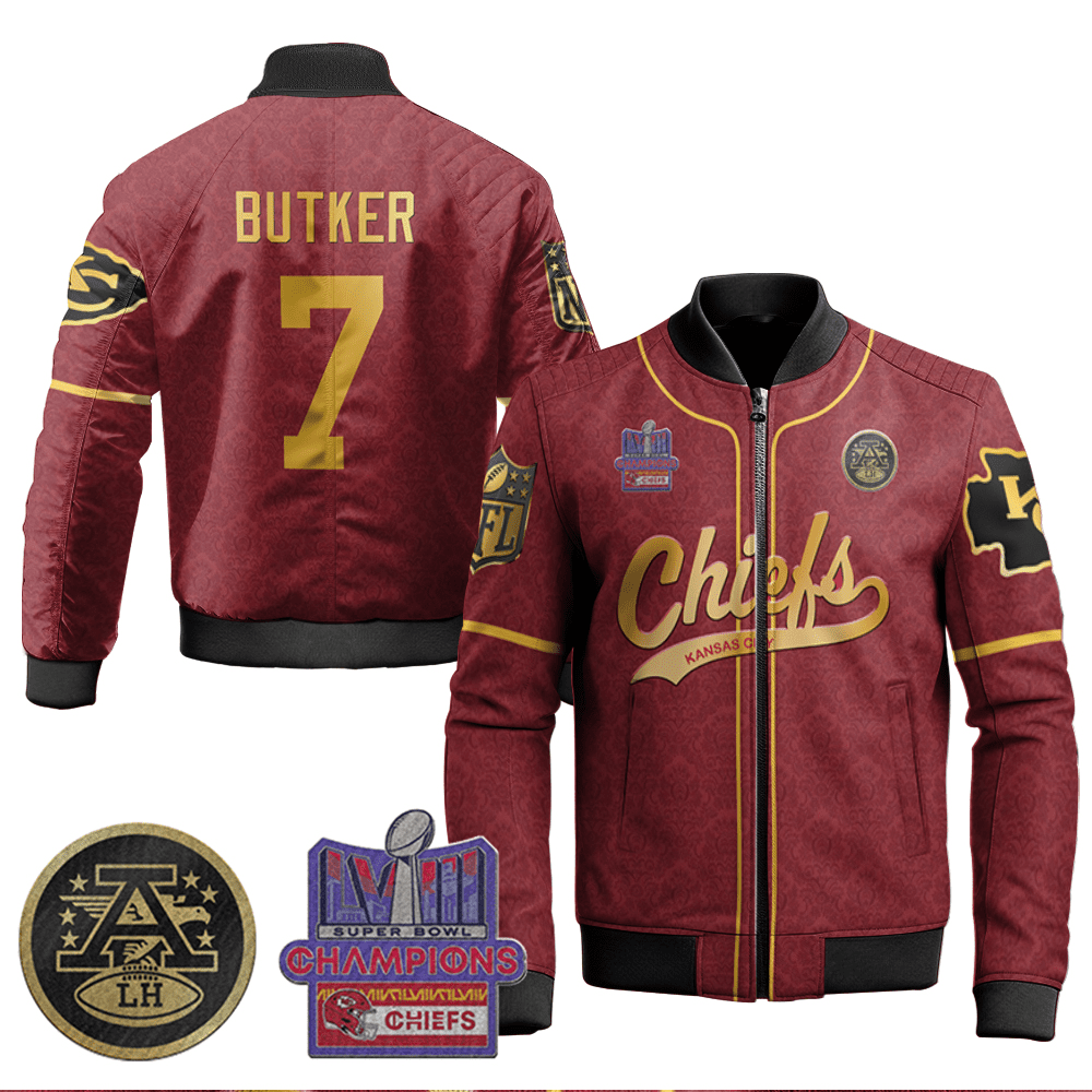Harrison Butker 7 Kansas City Chiefs Super Bowl Lviii Champion Red Gold Bomber Jacket