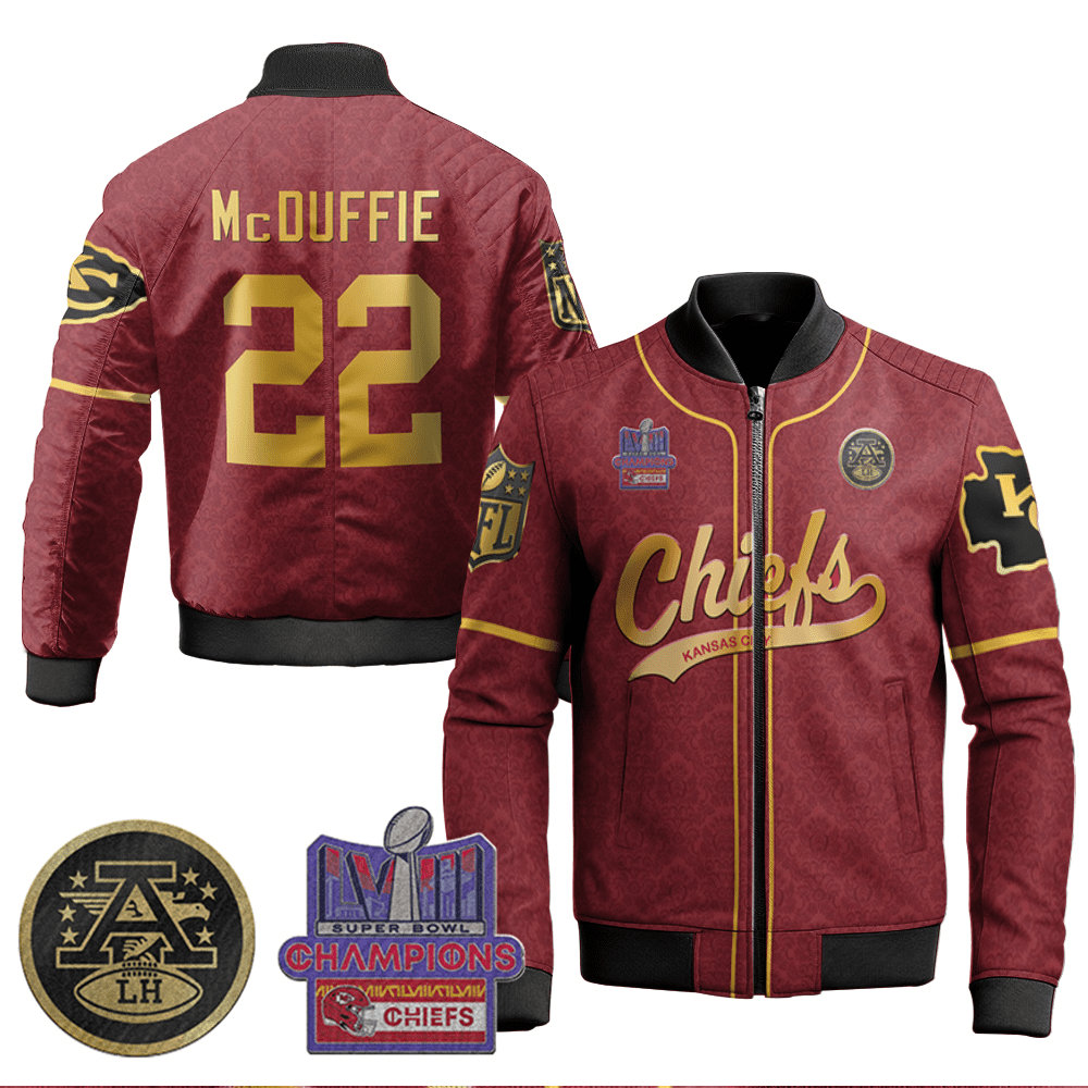 Trent Mcduffie 22 Kansas City Chiefs Super Bowl Lviii Champion Red Gold Bomber Jacket
