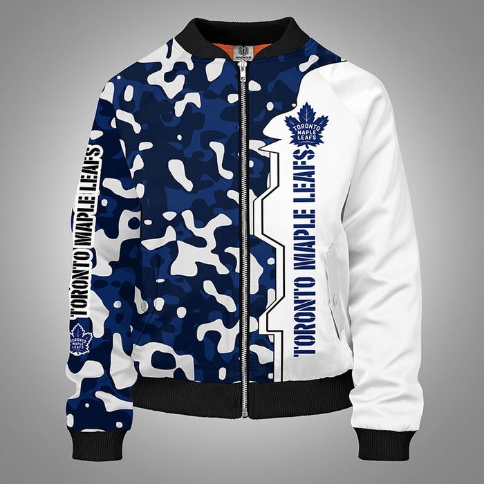 Toronto Maple Leafs Camouflage Blue Zipper Bomber Jacket For Women Men
