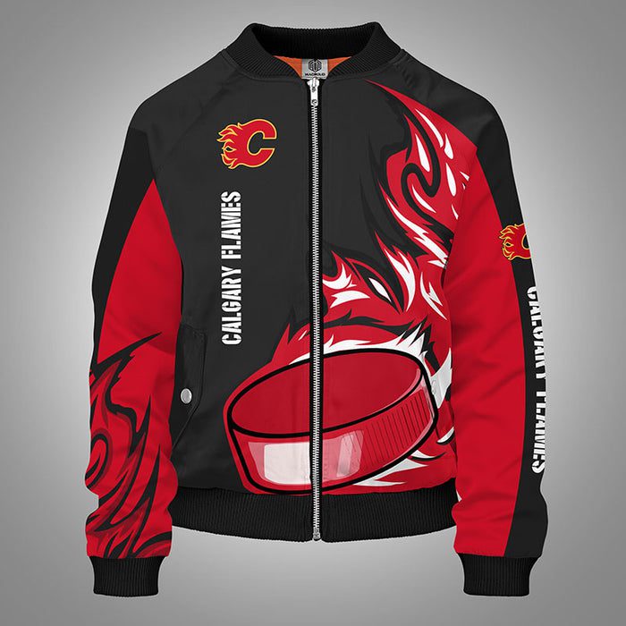 Calgary Flames Red Unisex Zipper Bomber Jacket For Women Men
