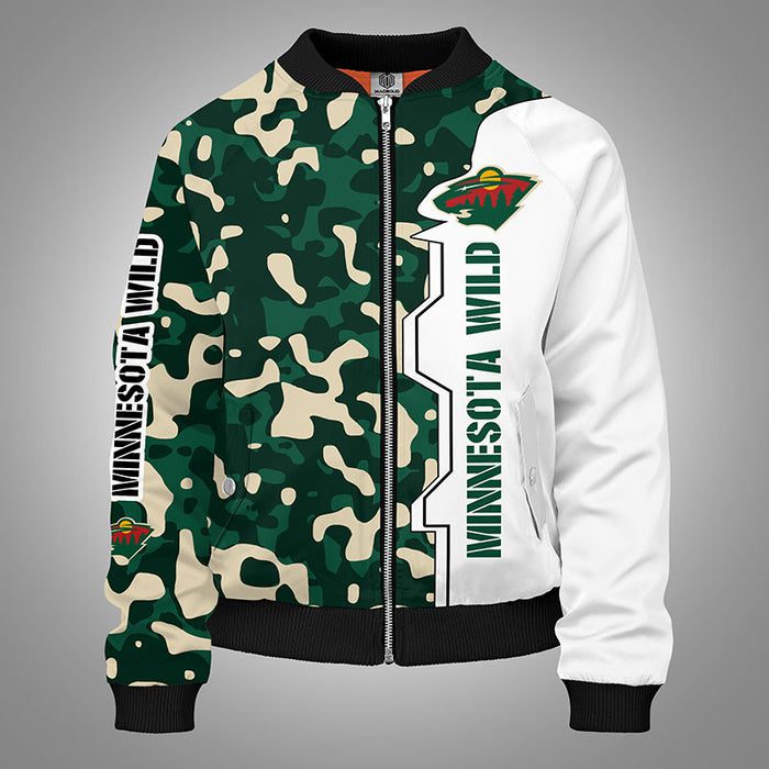 Minnesota Wild Camouflage Green Zipper Bomber Jacket For Women Men