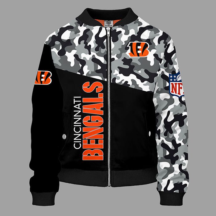Cincinnati Bengals Camouflage Black Bomber Jacket For Women Men