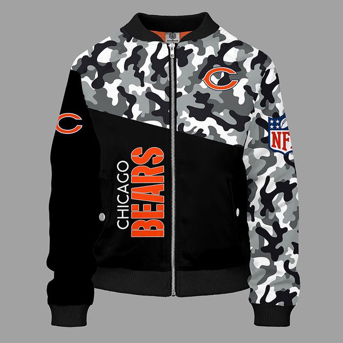 Chicago Bears Camouflage Black Bomber Jacket For Women Men