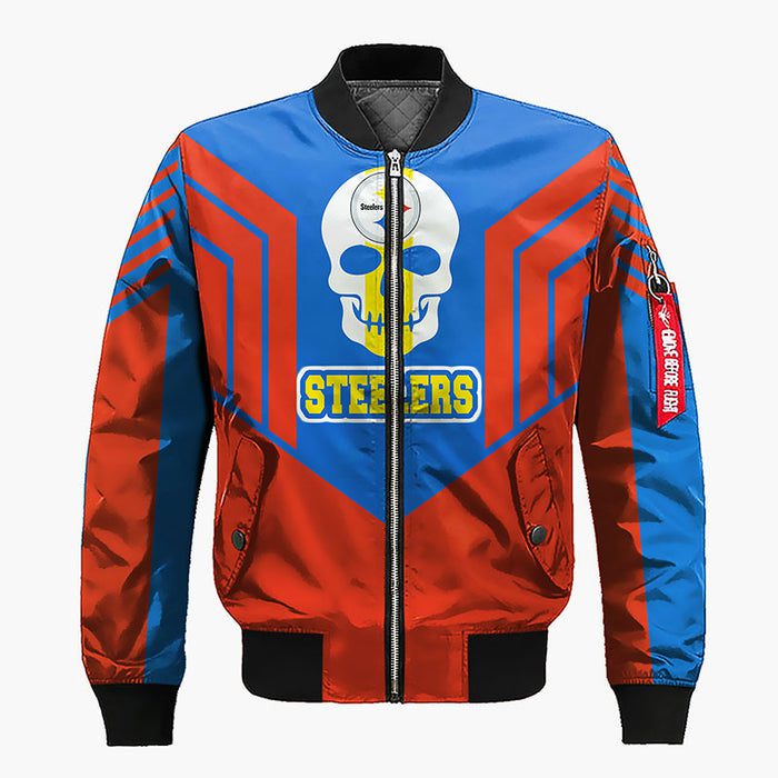 Pittsburgh Steelers Skull Red Blue Bomber Jacket For Women Men