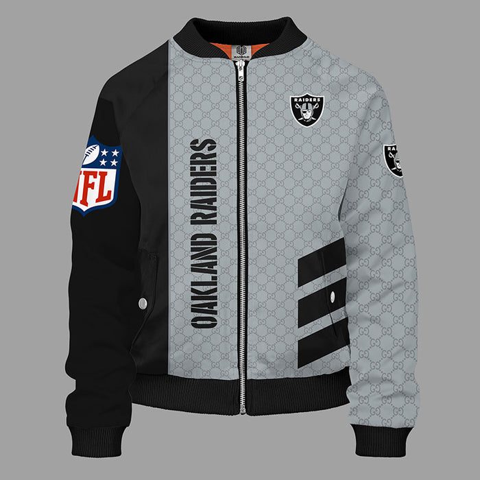 Oakland Raiders Gray Unisex Bomber Jacket Gucci Luxury Jacket For Women Men