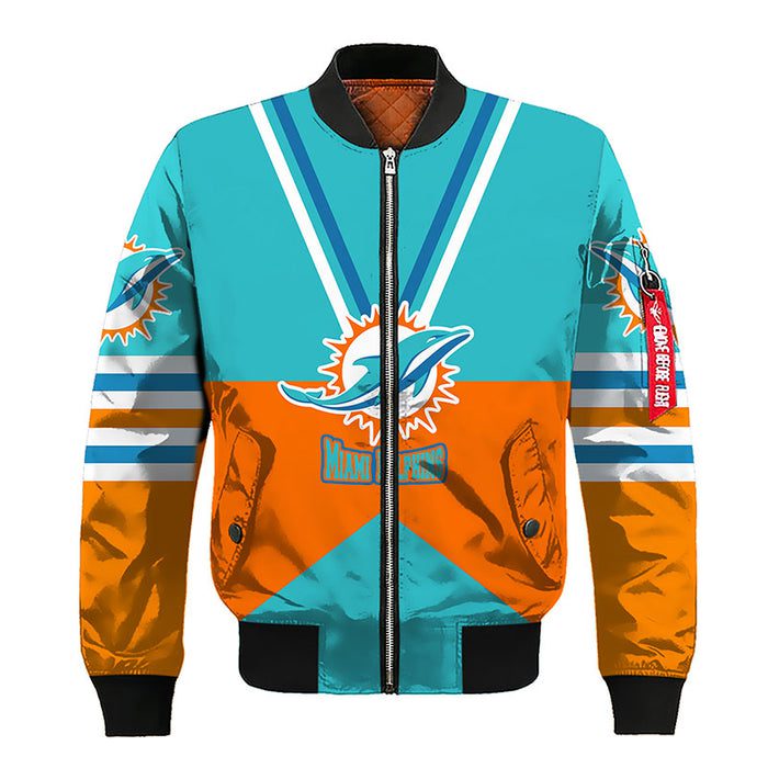Miami Dolphins Blue Orange Zipper Bomber Jacket For Women Men