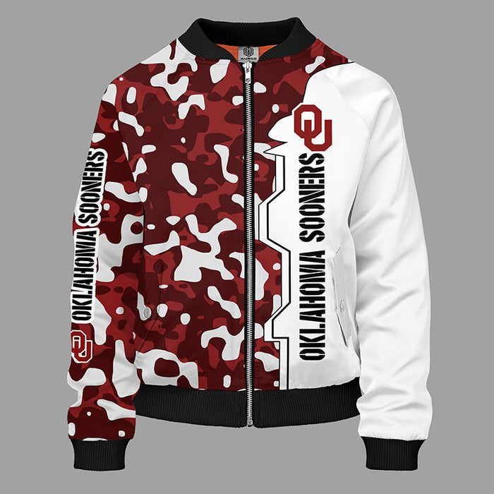 Oklahoma Sooners Camouflage Red Zipper Bomber Jacket For Women Men