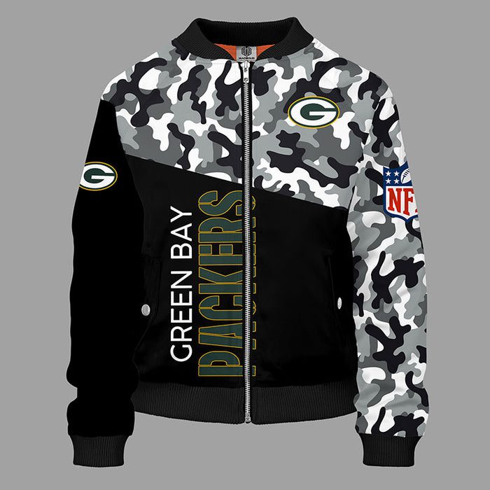 Green Bay Packers Camouflage Black Bomber Jacket For Women Men
