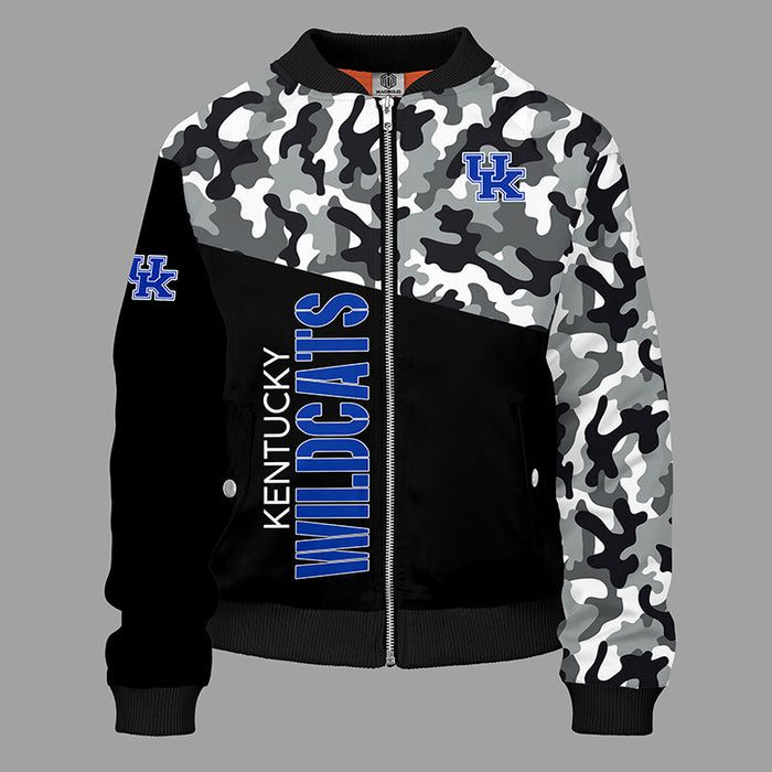 Kentucky Wildcats Camouflage Blue Zipper Bomber Jacket For Women Men