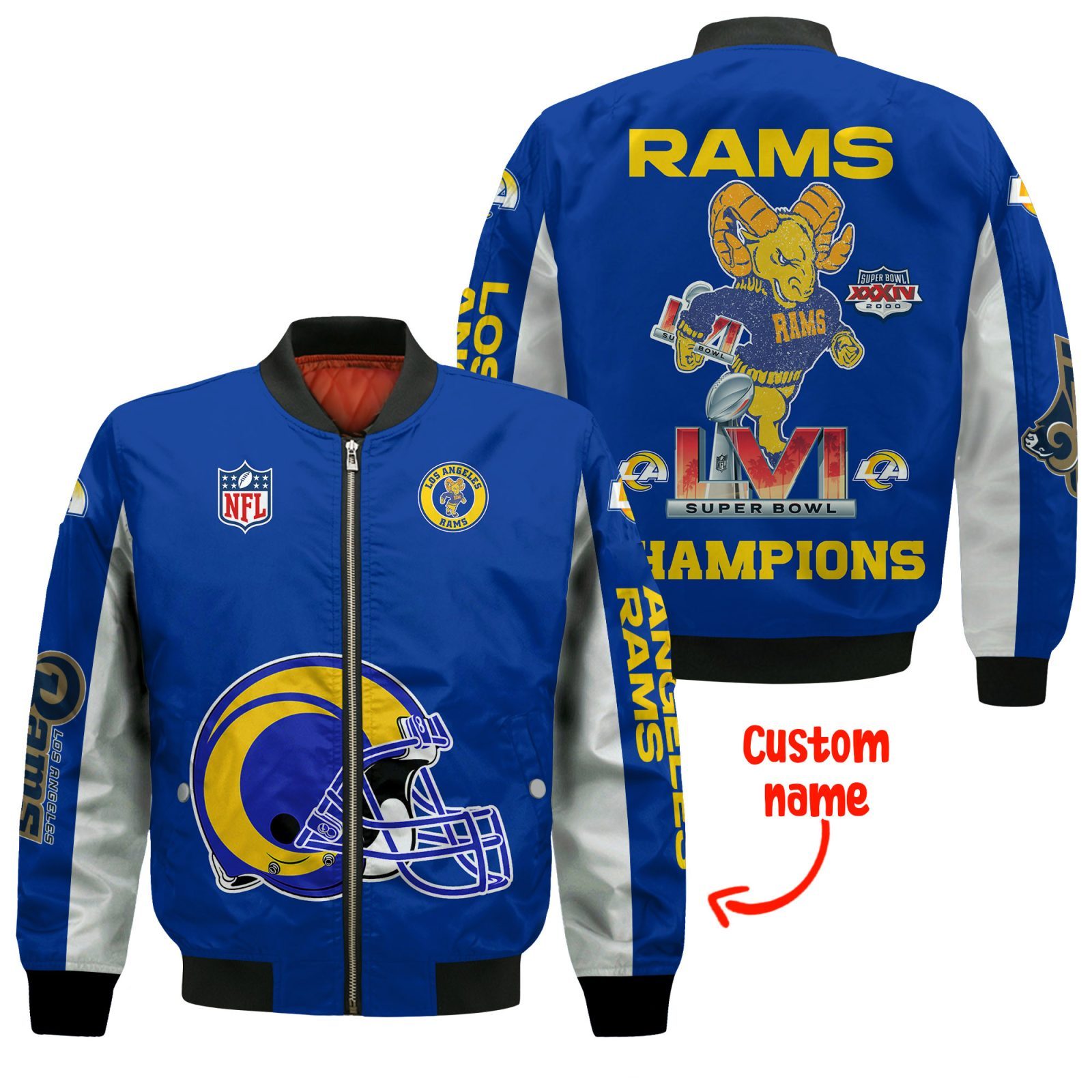 Los Angeles Rams Vintage Mascot Super Bowl Lvi Champions Nfl Custom Name Bomber Jacket Personalized Gifts For Women Men