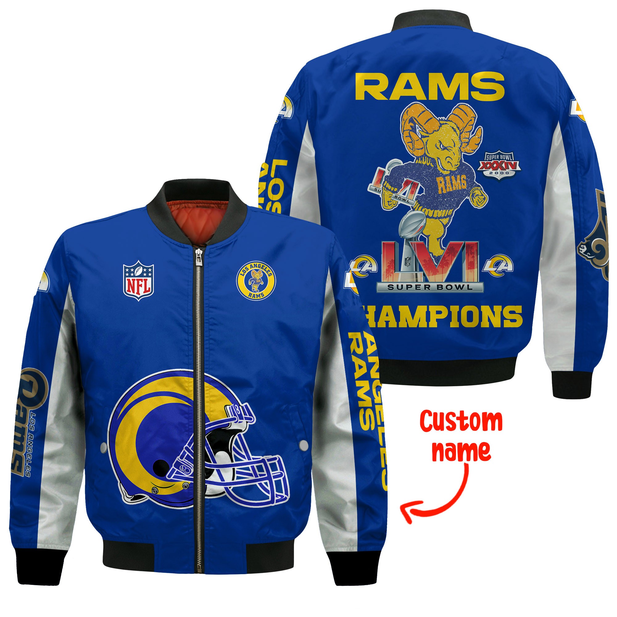 Los Angeles Rams Vintage Mascot Super Bowl Lvi Champions Nfl Custom Name Zipper Bomber Jacket Personalized Gifts For Women Men